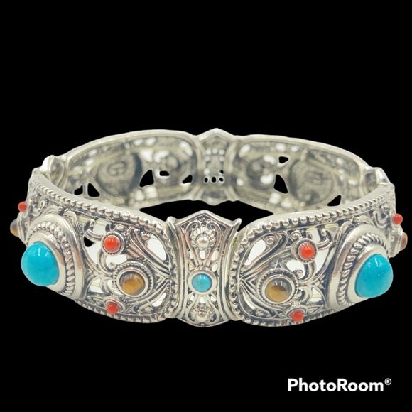 Graziano bracelet boho best western simulated turquoise tiger eye silver tone - Picture 3 of 14